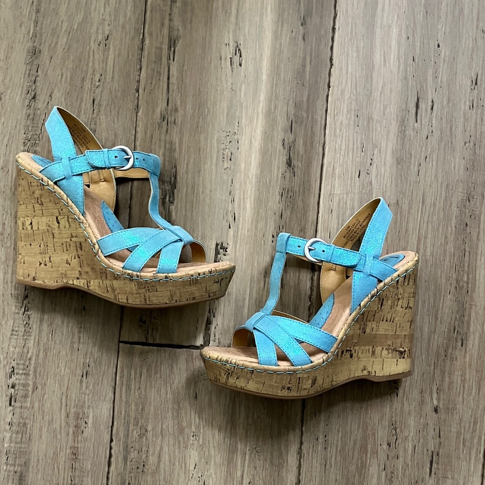 b.o.c. Revel Free People metallic leather blue cork platform wedges heels 7.5